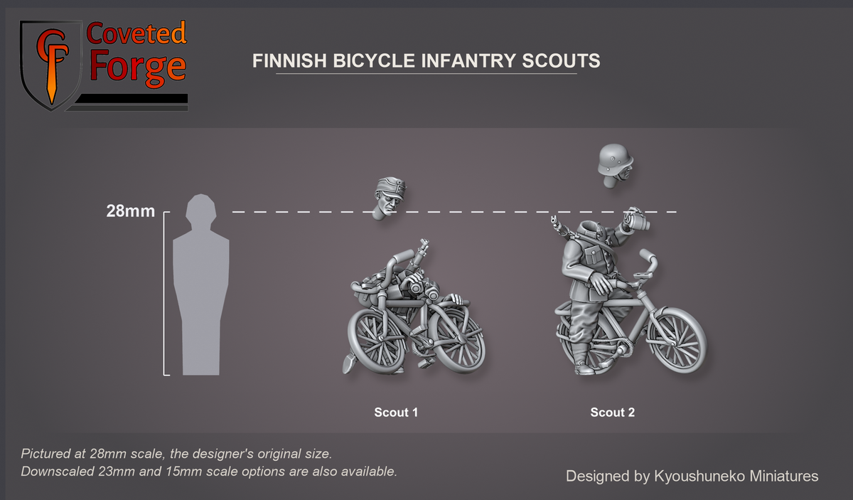 Coveted Forge scale render pictured at 28mm (1/56), the original scale, with 23mm and 15mm downscales also available. Complete Set (All 2 Sculpts) shown with every model: Scout 1, Scout 2, labelled beside a 28mm human silhouette, side view. Heads floated above bodies. Bases not shown.