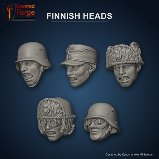 Finnish Heads by Kyoushuneko Miniatures: one head from each of the 5 styles (Infantry (Steel Helmets), Infantry (Field Caps), Ski and Winter Infantry (Fur Hats), Snow Monotrack Riders and Kahru 42 Commandos) in warm clay on a dark icy blue backdrop, unpainted 3D-printed resin heads with neck pegs for 28mm, 32mm and 35mm conversions.