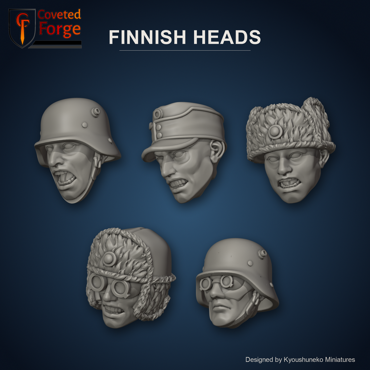 Finnish Heads by Kyoushuneko Miniatures: one head from each of the 5 styles (Infantry (Steel Helmets), Infantry (Field Caps), Ski and Winter Infantry (Fur Hats), Snow Monotrack Riders and Kahru 42 Commandos) in warm clay on a dark icy blue backdrop, unpainted 3D-printed resin heads with neck pegs for 28mm, 32mm and 35mm conversions.