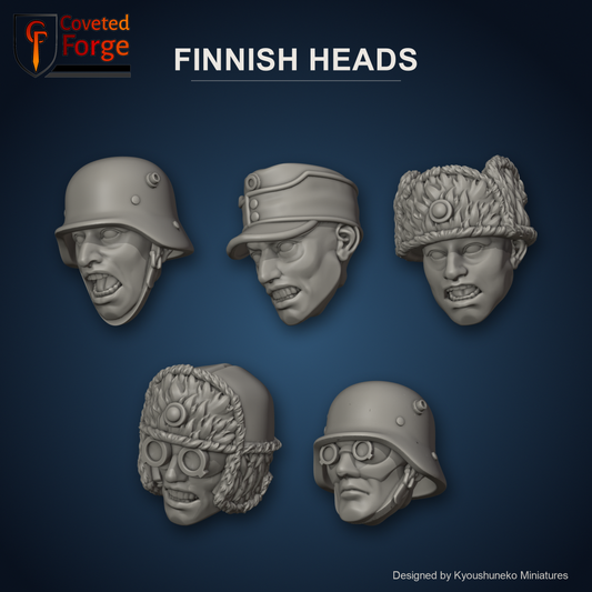 Finnish Heads by Kyoushuneko Miniatures: one head from each of the 5 styles (Infantry (Steel Helmets), Infantry (Field Caps), Ski and Winter Infantry (Fur Hats), Snow Monotrack Riders and Kahru 42 Commandos) in warm clay on a dark icy blue backdrop, unpainted 3D-printed resin heads with neck pegs for 28mm, 32mm and 35mm conversions.