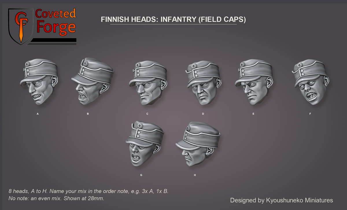 Coveted Forge bits sheet: Heads (2 of 5), Finnish Heads Infantry (Field Caps) style guide, 8 different heads lettered A to H to name in the order note, shown at 28mm, resin heads by Kyoushuneko Miniatures.