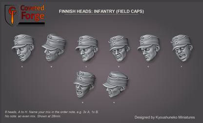 Coveted Forge bits sheet: Heads (2 of 5), Finnish Heads Infantry (Field Caps) style guide, 8 different heads lettered A to H to name in the order note, shown at 28mm, resin heads by Kyoushuneko Miniatures.
