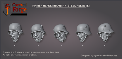 Coveted Forge bits sheet: Heads (1 of 5), Finnish Heads Infantry (Steel Helmets) style guide, 5 different heads lettered A to E to name in the order note, shown at 28mm, resin heads by Kyoushuneko Miniatures.
