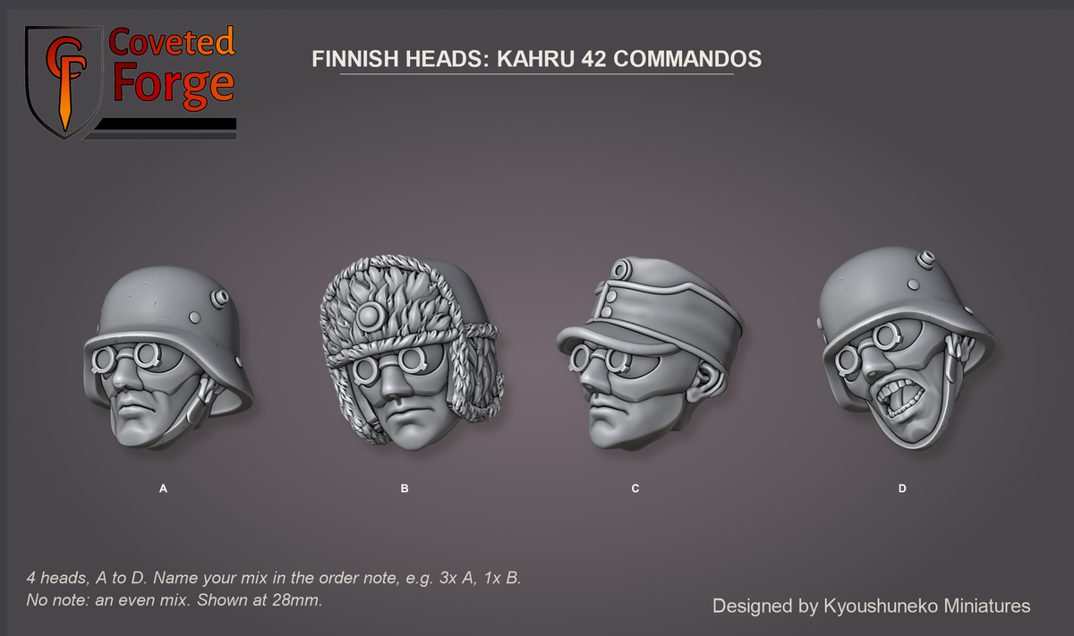Coveted Forge bits sheet: Heads (5 of 5), Finnish Heads Kahru 42 Commandos style guide, 4 different heads lettered A to D to name in the order note, shown at 28mm, resin heads by Kyoushuneko Miniatures.