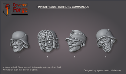 Coveted Forge bits sheet: Heads (5 of 5), Finnish Heads Kahru 42 Commandos style guide, 4 different heads lettered A to D to name in the order note, shown at 28mm, resin heads by Kyoushuneko Miniatures.