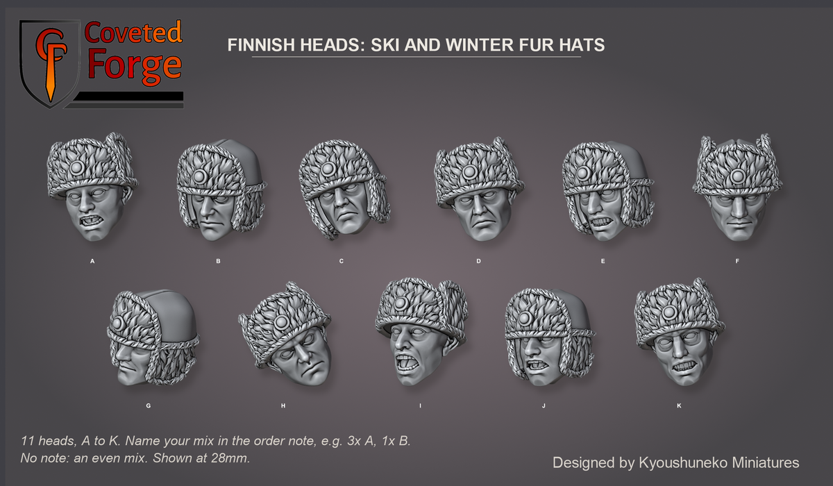 Coveted Forge bits sheet: Heads (3 of 5), Finnish Heads Ski and Winter Infantry (Fur Hats) style guide, 11 different heads lettered A to K to name in the order note, shown at 28mm, resin heads by Kyoushuneko Miniatures.