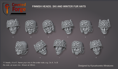 Coveted Forge bits sheet: Heads (3 of 5), Finnish Heads Ski and Winter Infantry (Fur Hats) style guide, 11 different heads lettered A to K to name in the order note, shown at 28mm, resin heads by Kyoushuneko Miniatures.
