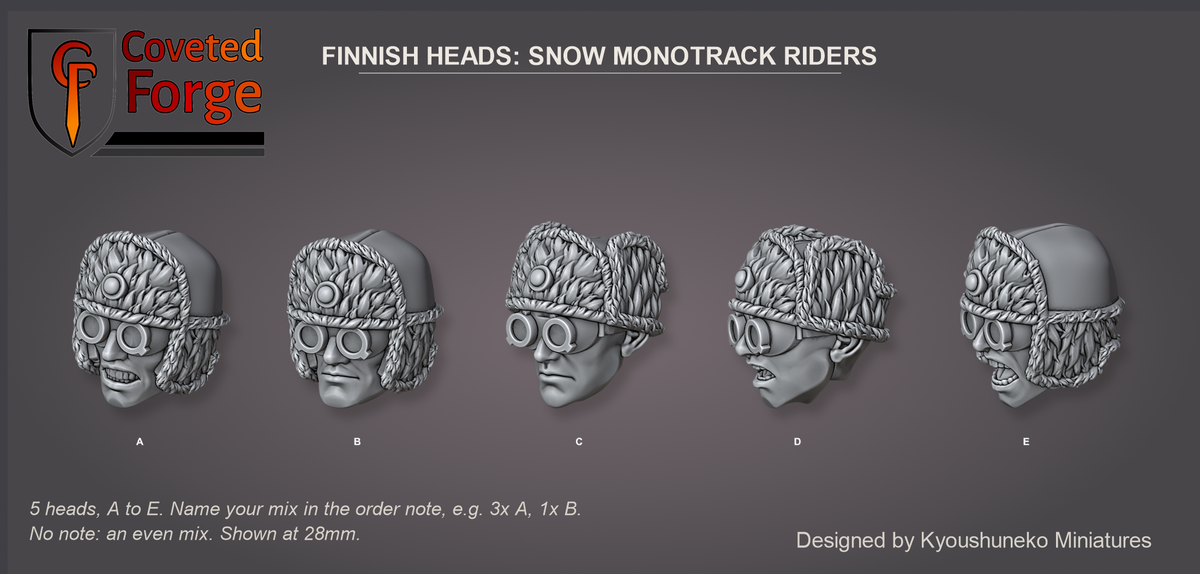 Coveted Forge bits sheet: Heads (4 of 5), Finnish Heads Snow Monotrack Riders style guide, 5 different heads lettered A to E to name in the order note, shown at 28mm, resin heads by Kyoushuneko Miniatures.