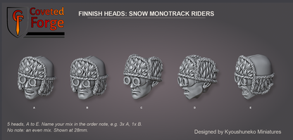 Coveted Forge bits sheet: Heads (4 of 5), Finnish Heads Snow Monotrack Riders style guide, 5 different heads lettered A to E to name in the order note, shown at 28mm, resin heads by Kyoushuneko Miniatures.