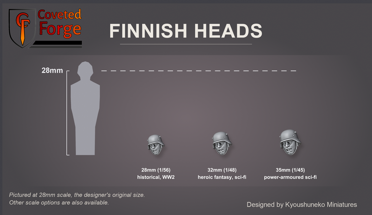 Coveted Forge scale reference: one Finnish Infantry (Steel Helmets) head at 28mm, 32mm and 35mm scale beside a 28mm human silhouette, front three-quarter view, each scale labelled with the ranges it suits; 28mm is the designer's original size, an upscaled 32mm option and an upscaled 35mm option are also available; every head style is the same scale.