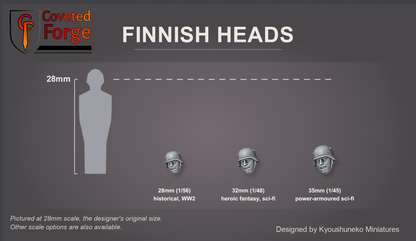 Coveted Forge scale reference: one Finnish Infantry (Steel Helmets) head at 28mm, 32mm and 35mm scale beside a 28mm human silhouette, front three-quarter view, each scale labelled with the ranges it suits; 28mm is the designer's original size, an upscaled 32mm option and an upscaled 35mm option are also available; every head style is the same scale.