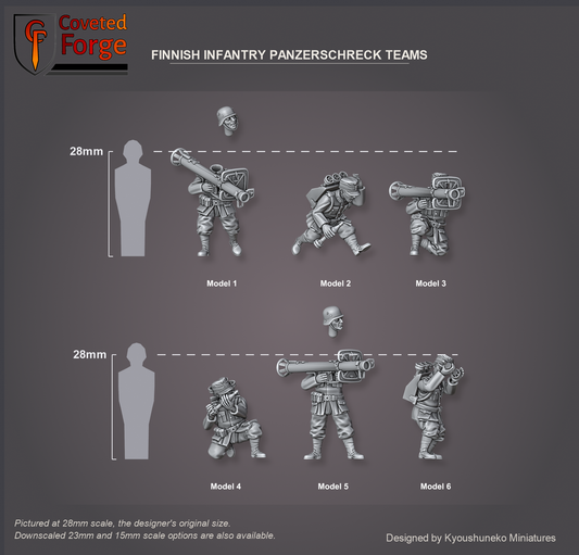 Coveted Forge scale render pictured at 28mm (1/56), the original scale, with 23mm and 15mm downscales also available. Full Set shown with every model: Model 1, Model 2, Model 3, Model 4, Model 5 and Model 6, each labelled beside a 28mm human silhouette, three-quarter view. The heads of Models 1 and 5 floated just above their bodies. Bases not shown.
