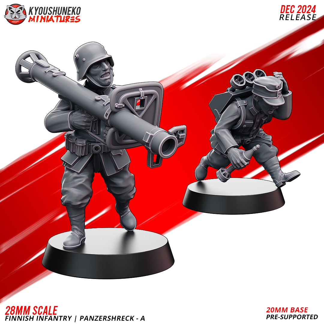 Finnish Infantry Panzerschreck Team A, a WW2 Finnish gunner with a Panzerschreck and a running loader, 28mm resin miniatures by Kyoushuneko Miniatures.