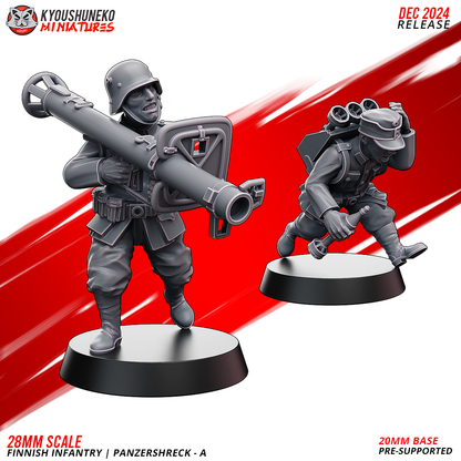 Finnish Infantry Panzerschreck Team A, a WW2 Finnish gunner with a Panzerschreck and a running loader, 28mm resin miniatures by Kyoushuneko Miniatures.