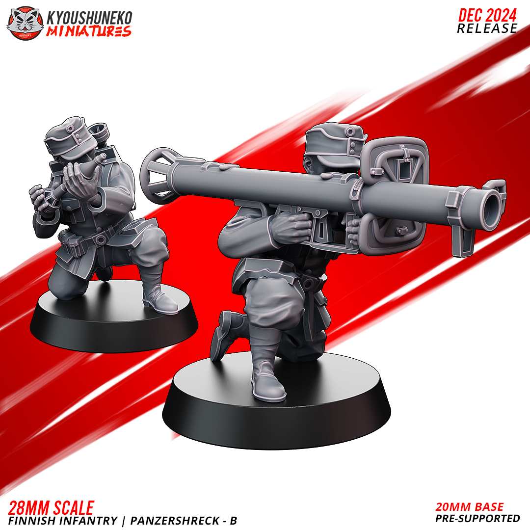 Finnish Infantry Panzerschreck Team B, a kneeling gunner and kneeling loader, designer render by Kyoushuneko Miniatures.