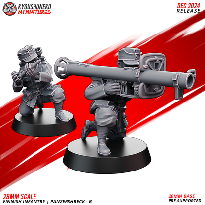 Finnish Infantry Panzerschreck Team B, a kneeling gunner and kneeling loader, designer render by Kyoushuneko Miniatures.