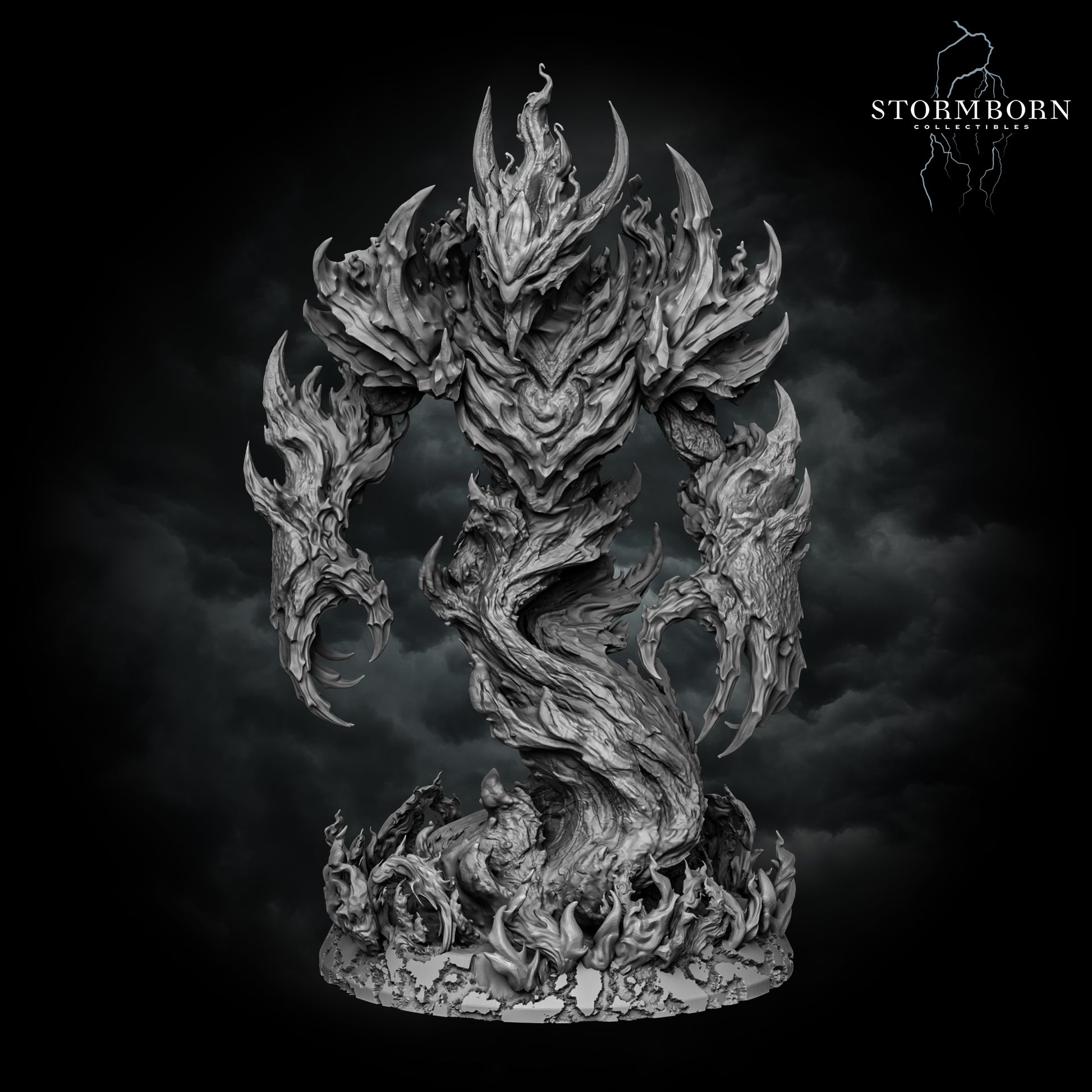Fire elemental alternate angle, clawed burning arms and a flame-crested head, resin display miniature