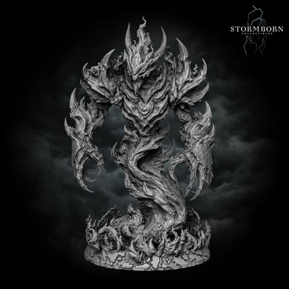 Fire elemental alternate angle, clawed burning arms and a flame-crested head, resin display miniature