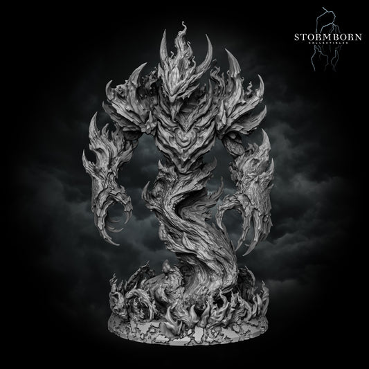 Fire elemental alternate angle, clawed burning arms and a flame-crested head, resin display miniature