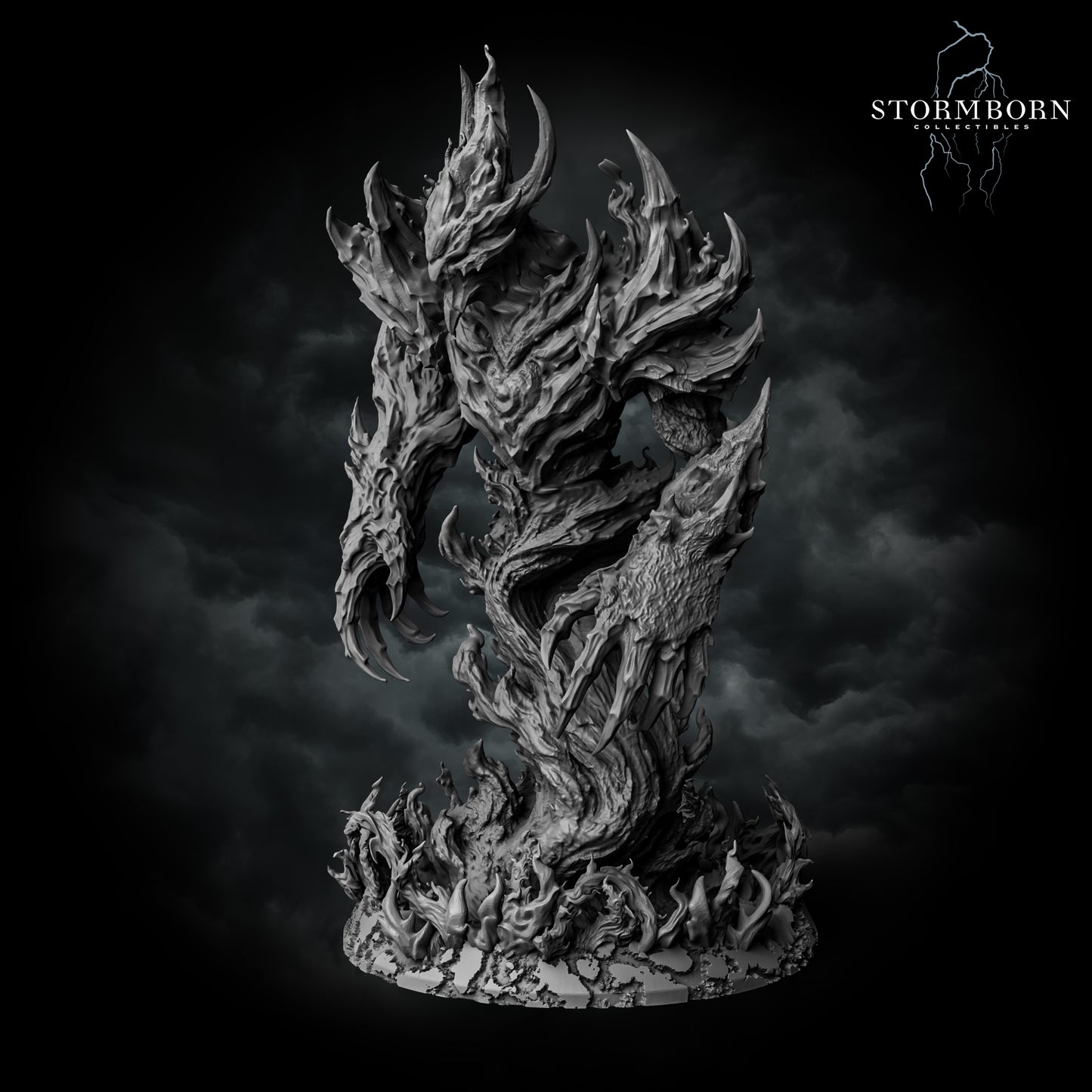 Fire elemental rear detail of the swirling flame body on a scenic flaming plinth