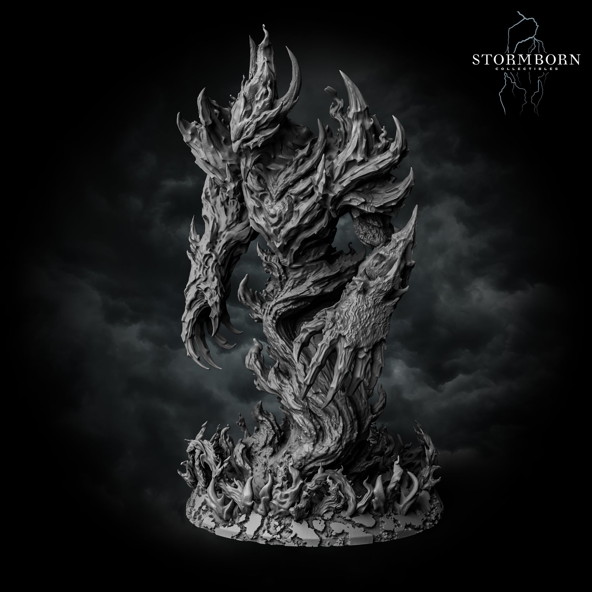 Fire elemental rear detail of the swirling flame body on a scenic flaming plinth