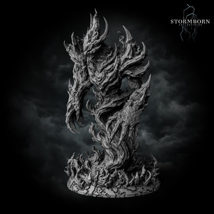 Fire elemental rear detail of the swirling flame body on a scenic flaming plinth