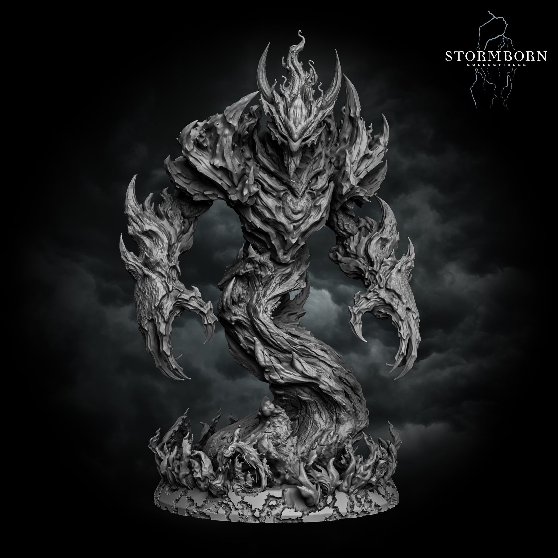 Fire elemental of living flame rising in a spiral, dark-fantasy display monster by Stormborn Collectibles
