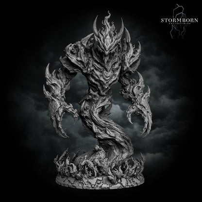 Fire elemental of living flame rising in a spiral, dark-fantasy display monster by Stormborn Collectibles