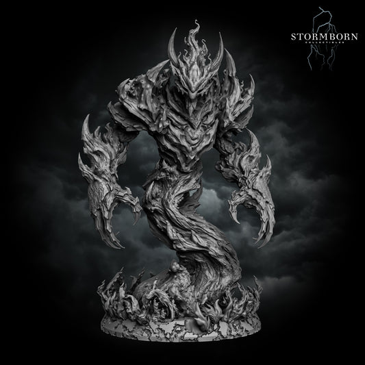 Fire elemental of living flame rising in a spiral, dark-fantasy display monster by Stormborn Collectibles