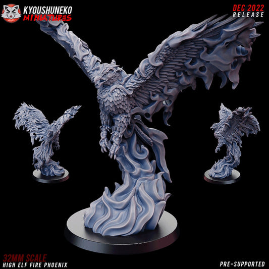 Fire Phoenix: High Elf Fire Phoenix, designer render by Kyoushuneko Miniatures, the phoenix with flame-tipped feathers on its column of swirling flames, shown from the front with smaller side views; unpainted 3D printed resin miniature in 28mm, 30mm or 32mm scale, also 20mm.