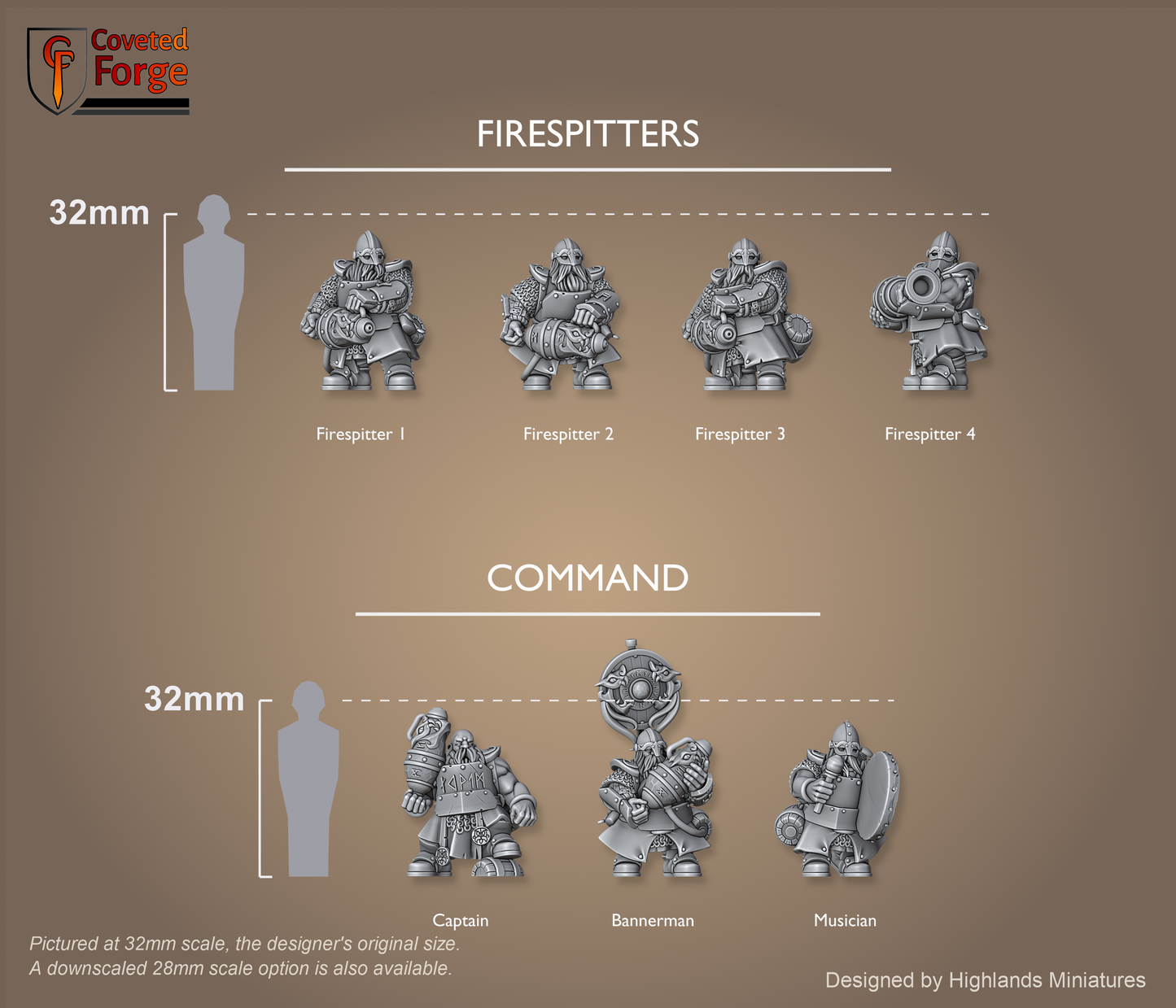 Dwarf Firespitters scale lineup, all poses with a 32mm human and bracket for scale