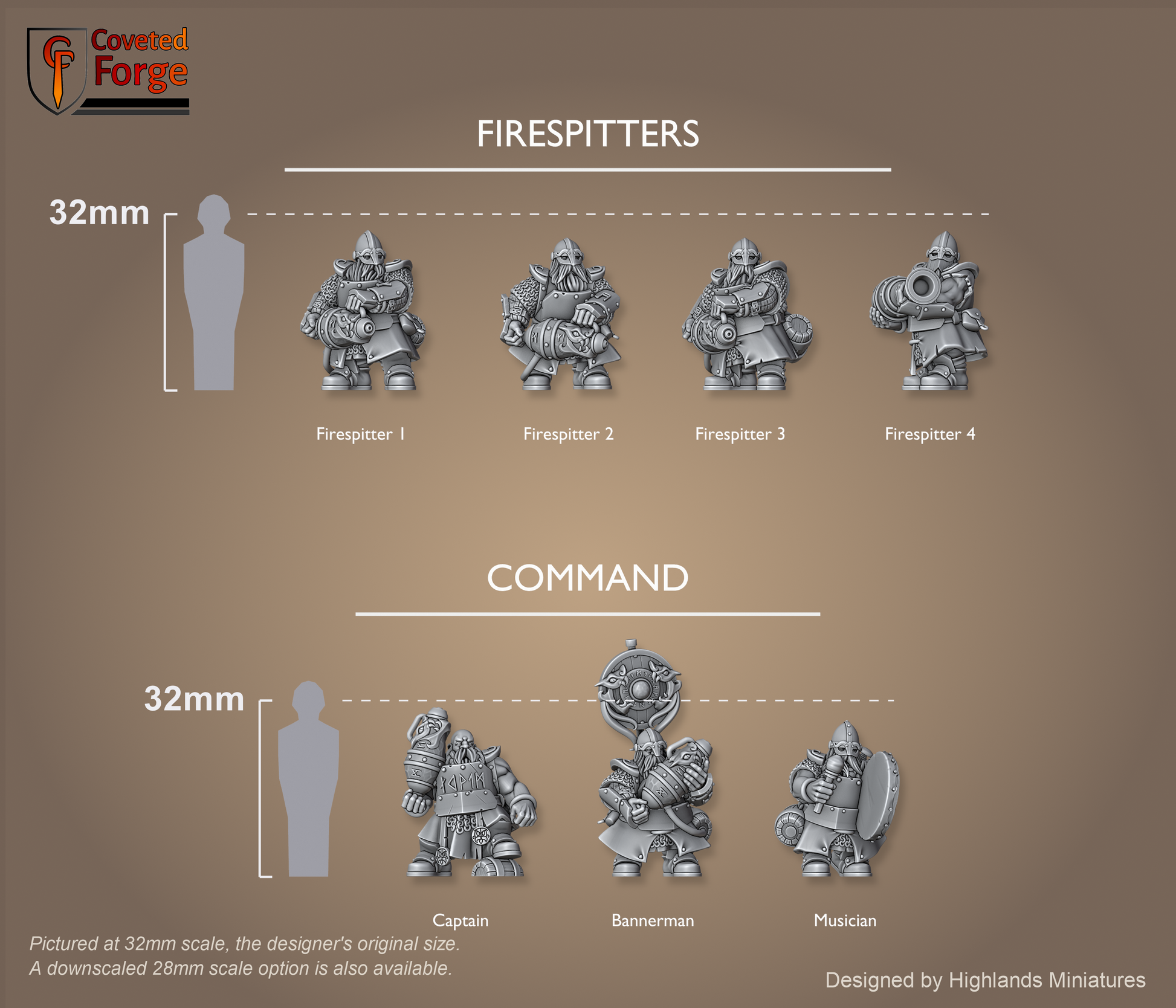 Dwarf Firespitters scale lineup, all poses with a 32mm human and bracket for scale