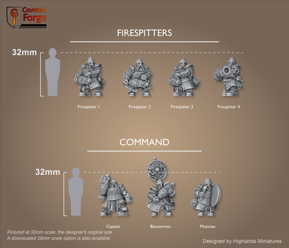 Dwarf Firespitters scale lineup, all poses with a 32mm human and bracket for scale