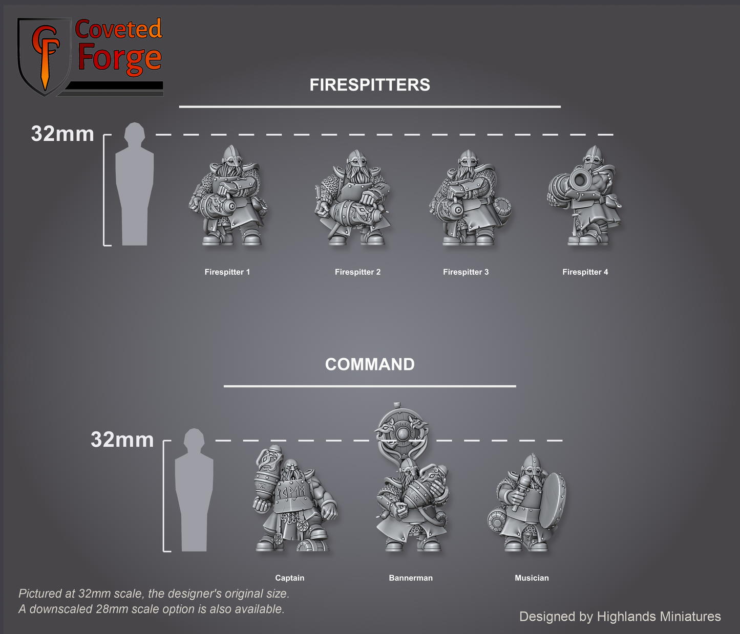 Dwarf Firespitters scale lineup, all poses with a 32mm human and bracket for scale