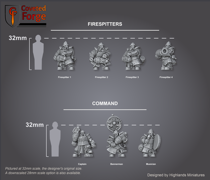 Dwarf Firespitters scale lineup, all poses with a 32mm human and bracket for scale