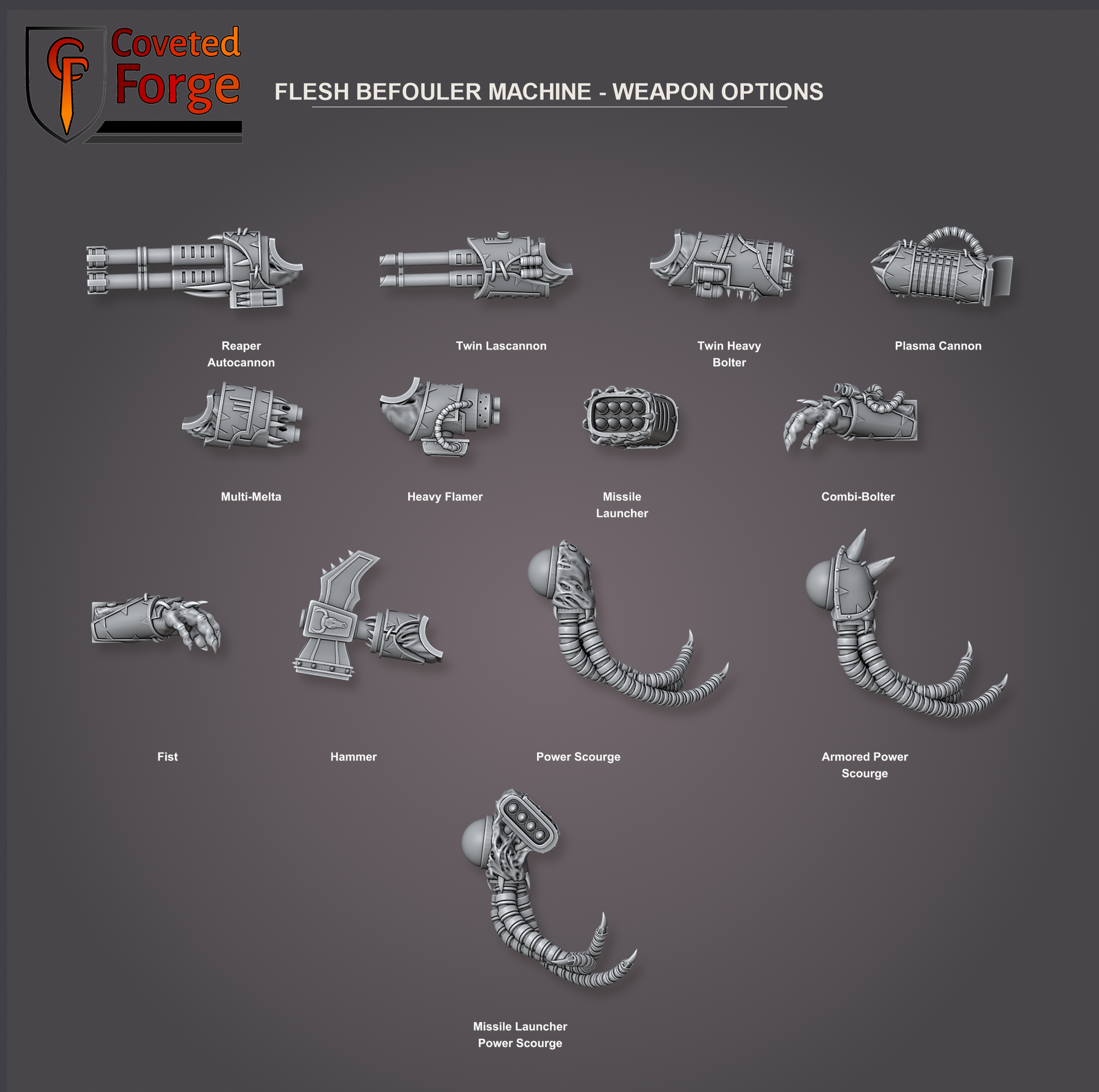 Flesh Befouler Machine weapon arm options including three power scourge variants