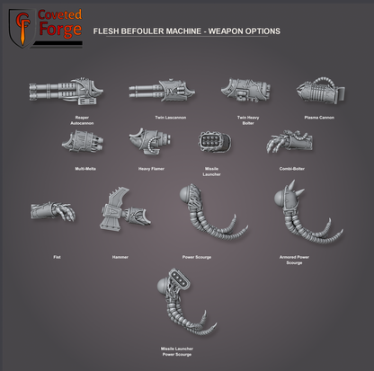 Flesh Befouler Machine weapon arm options including three power scourge variants