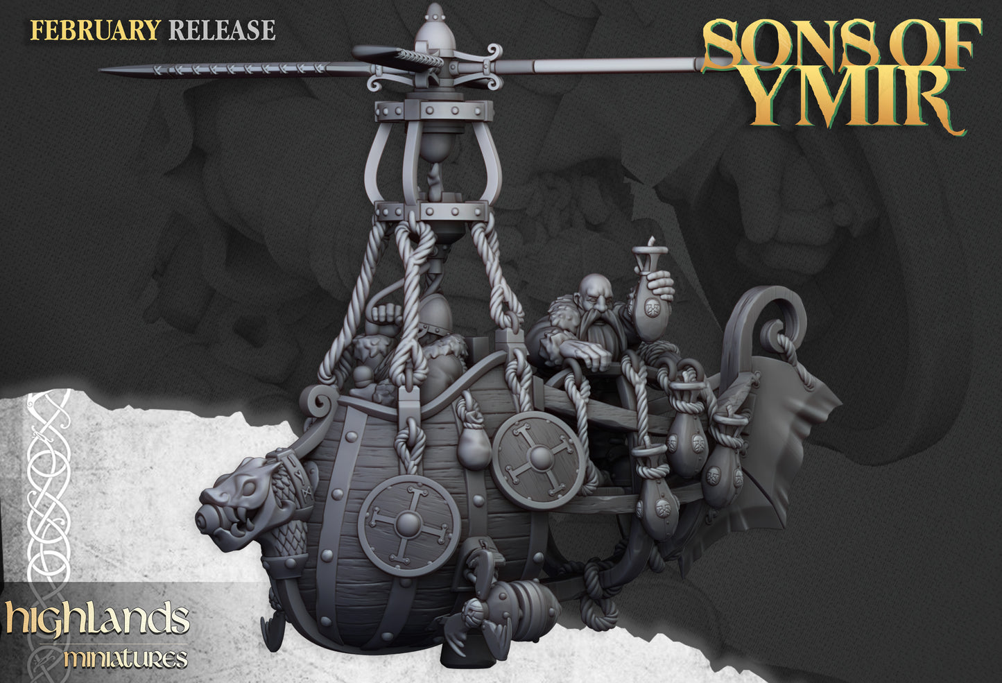 Dwarf Flying Machine gyrocopter with rotor, dragon prow and dwarf crew