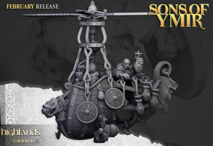 Dwarf Flying Machine gyrocopter with rotor, dragon prow and dwarf crew