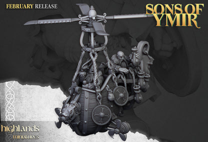 Dwarf Flying Machine with rotor and dwarf crew aboard
