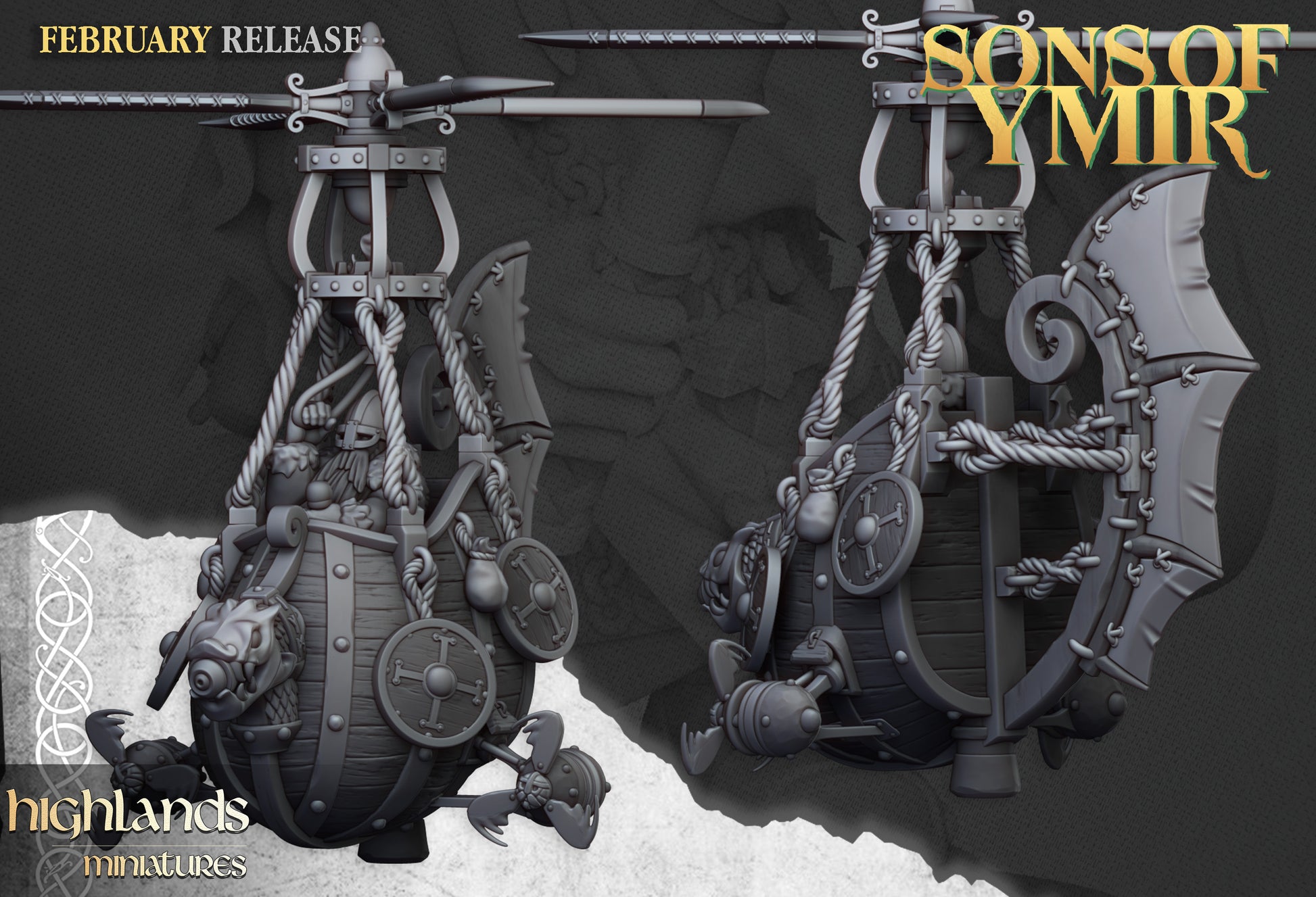 Dwarf Flying Machine rotor lift with bomber wings, two views