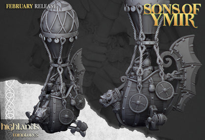 Dwarf Flying Machine balloon lift with bomber wings, two views