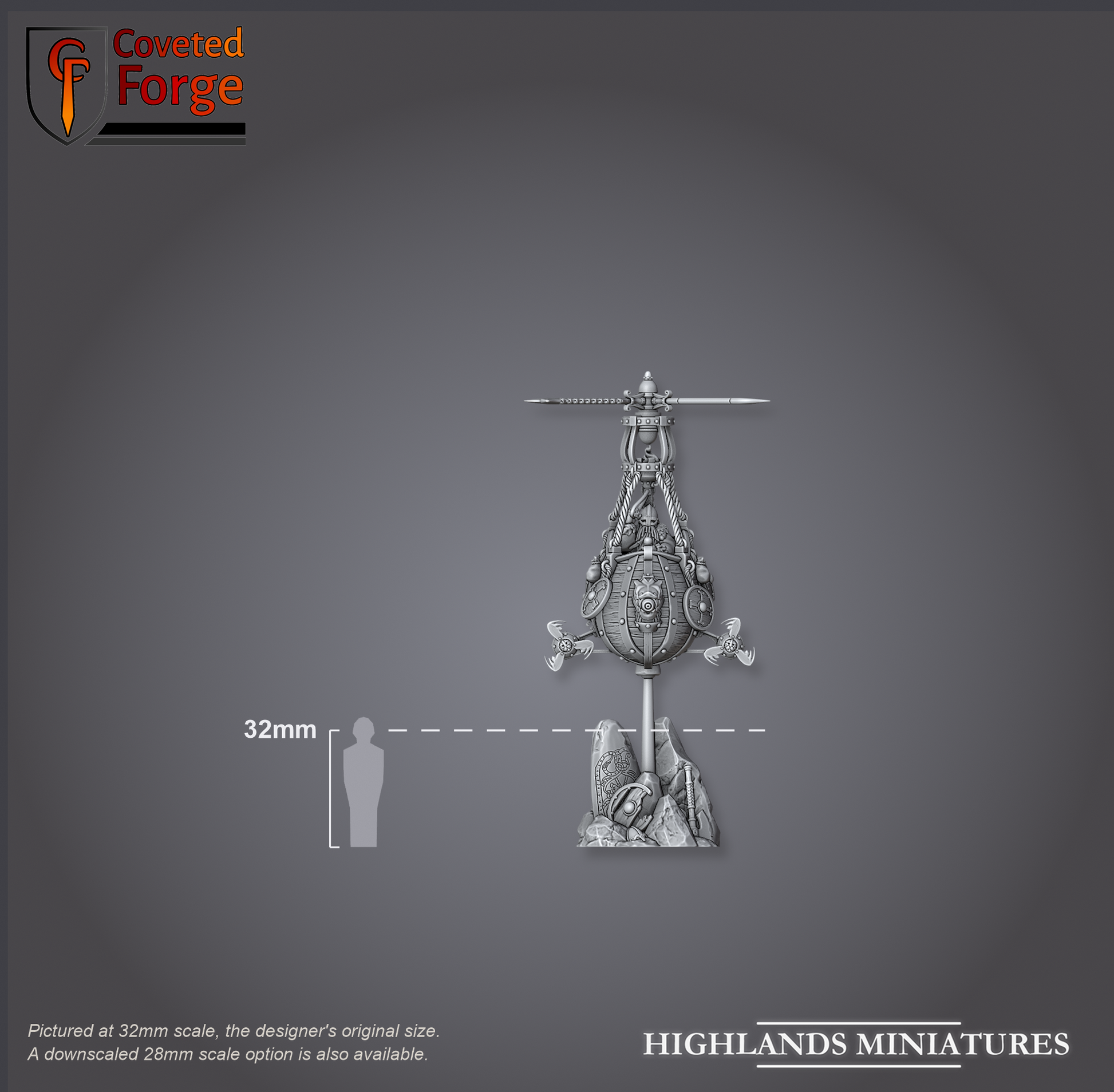 Dwarf Flying Machine assembled, size compared to a 32mm human