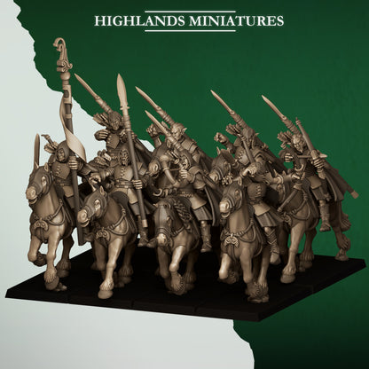 Mounted Feral Archers, the full wood elf horse archer unit with captain, bannerman and musician, front view, 32mm resin miniatures by Highlands Miniatures