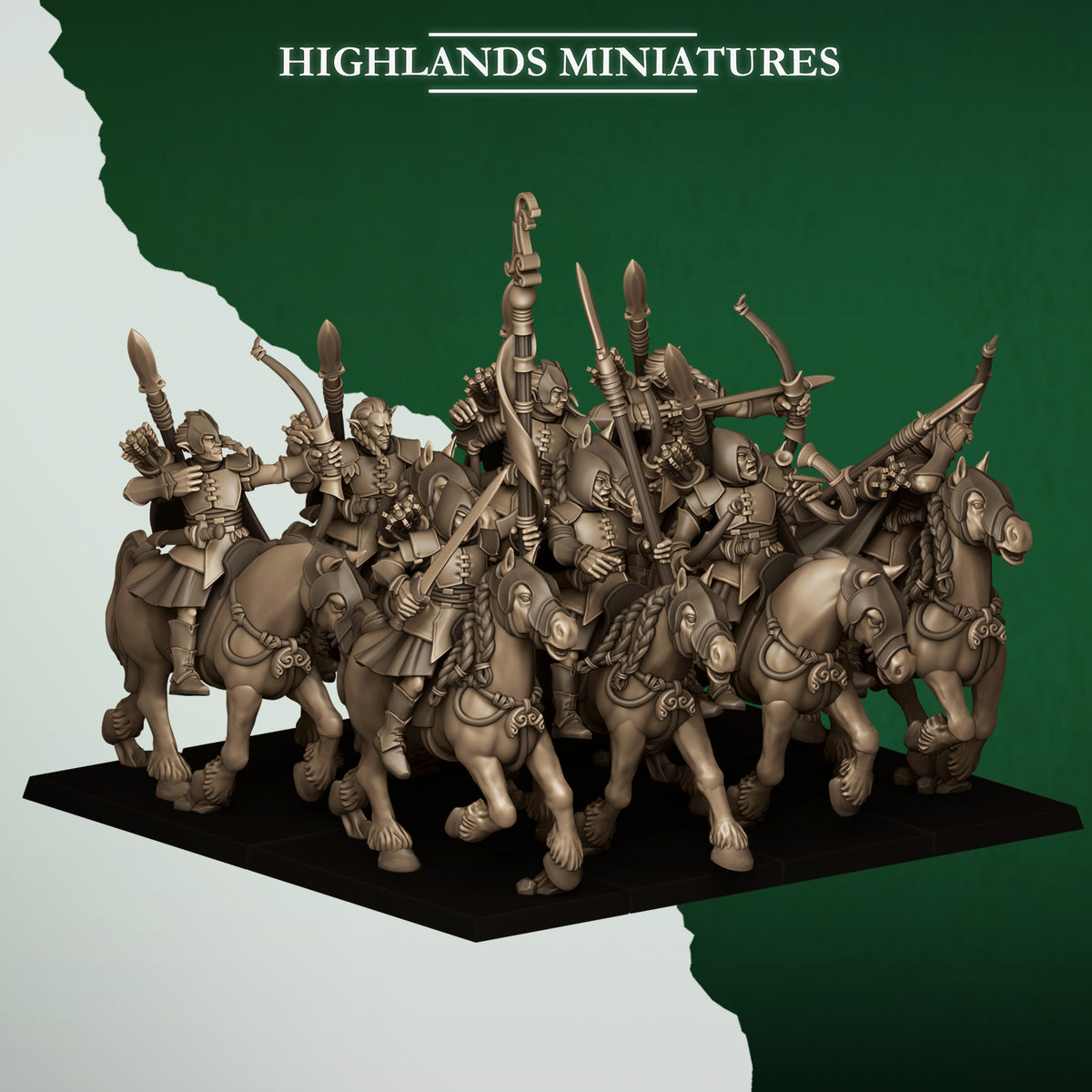 Mounted Feral Archers unit with command, three-quarter view, Highlands Miniatures render