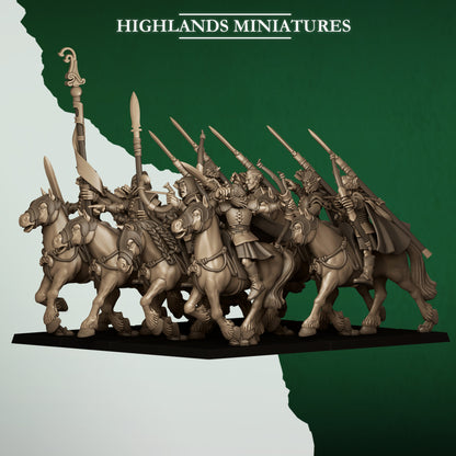 Mounted Feral Archers unit with command, side three-quarter view, Highlands Miniatures render