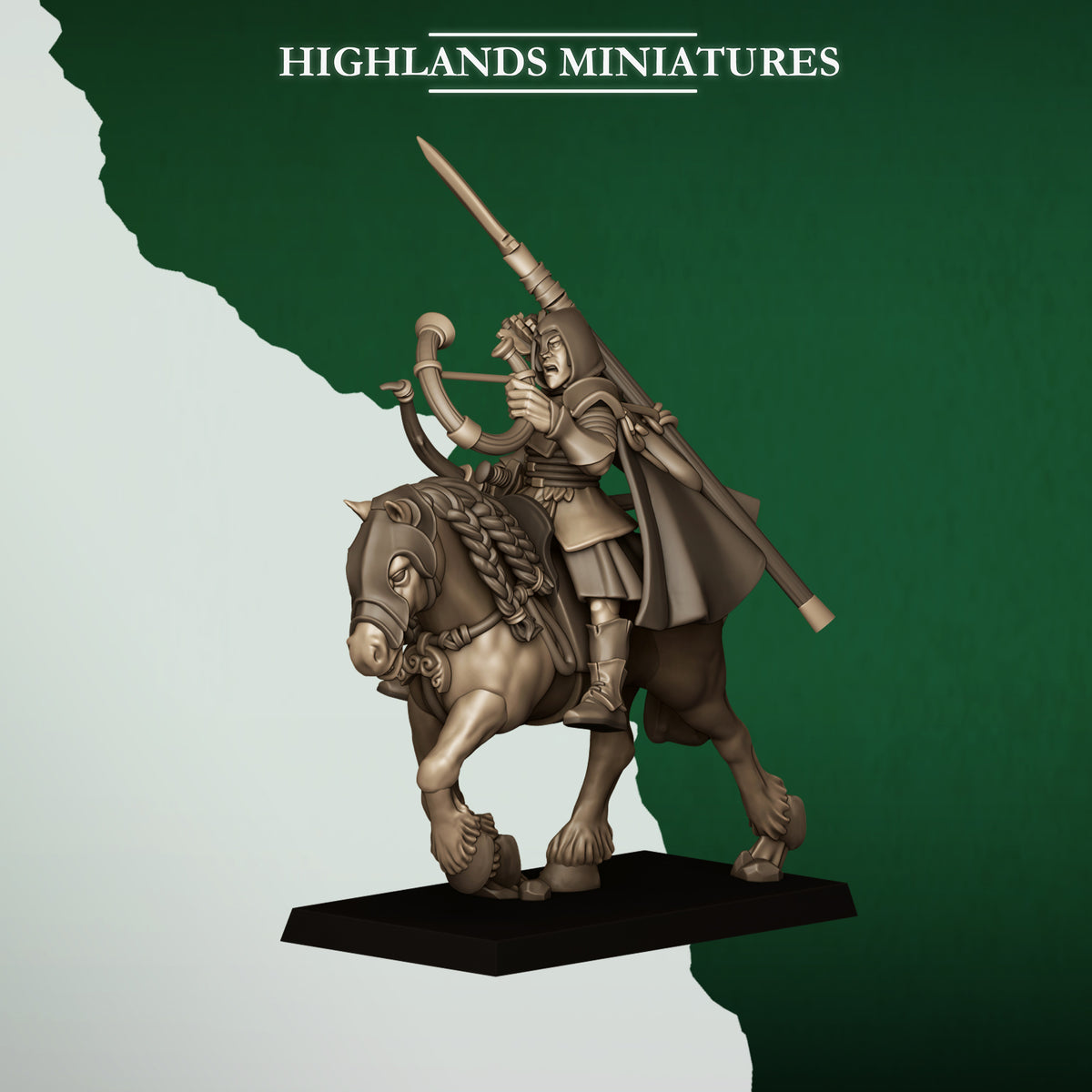 Mounted Feral Archers Musician, wood elf rider with a horn, Highlands Miniatures render