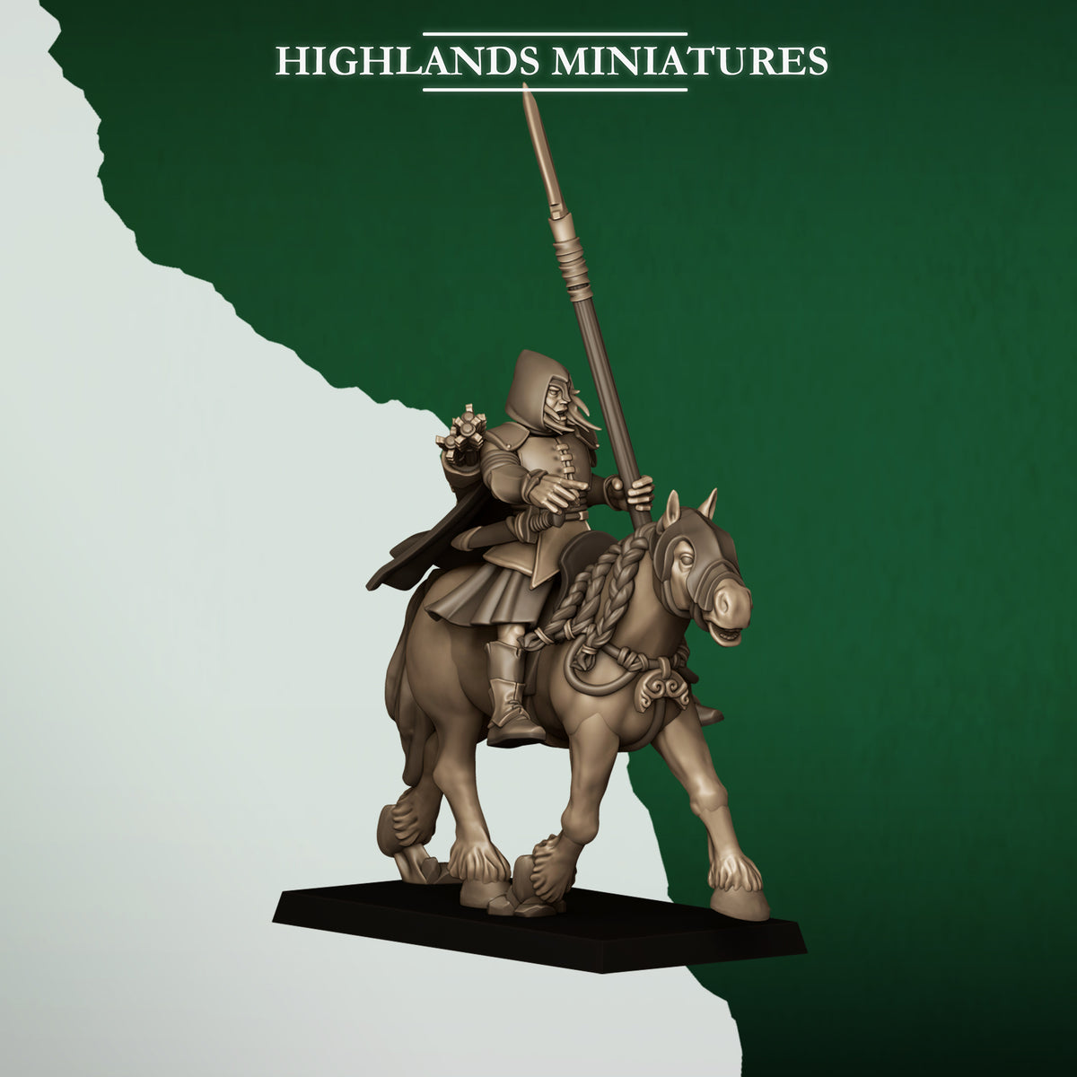Mounted Feral Archers Captain, wood elf cavalry leader on a horse, Highlands Miniatures render