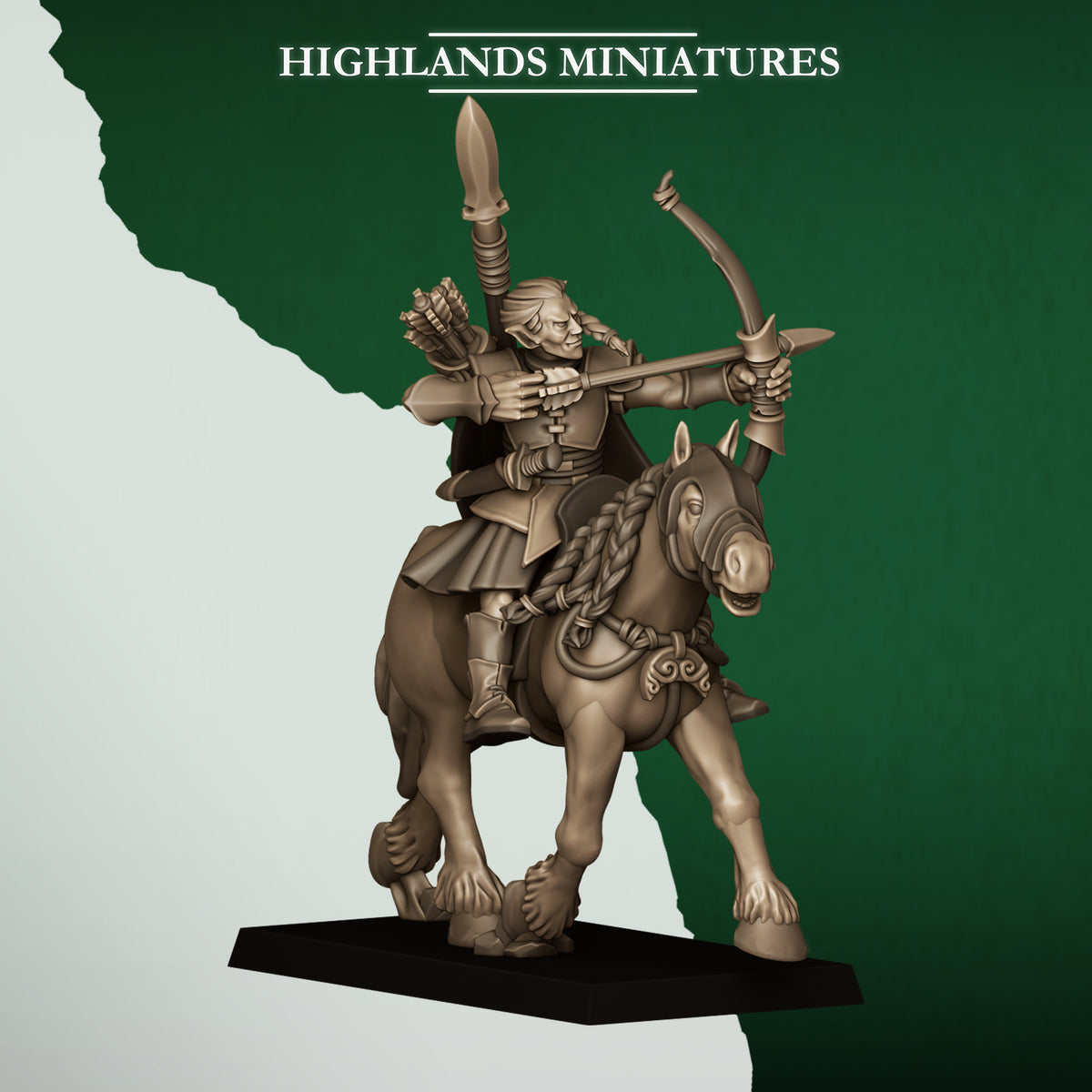 Mounted Feral Archers Model 3, wood elf horse archer on a horse, Highlands Miniatures render