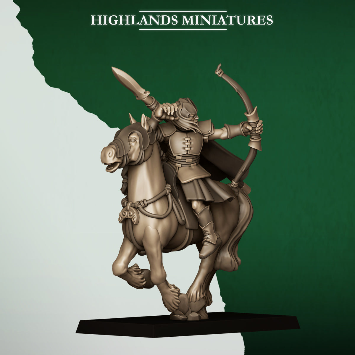 Mounted Feral Archers Model 1, wood elf horse archer on a horse, Highlands Miniatures render